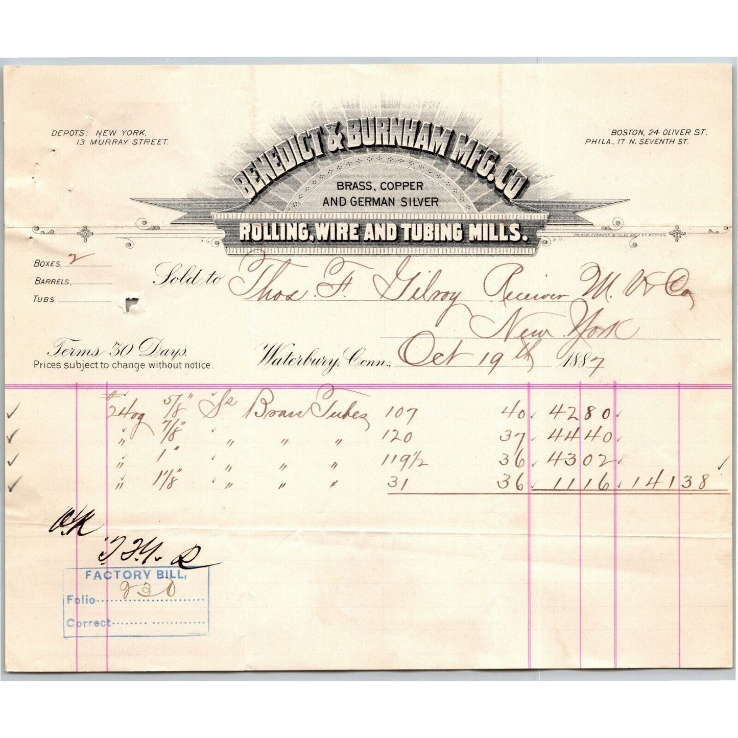 1887 "Benedict & Burnham Mfg. Co" Wire & Copper Billhead Letterhead Waterbury CT
