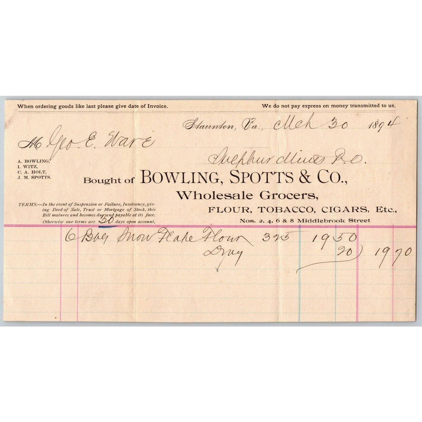 1894 Scarce Bowling, Spotts & Co Flour Cigars Billhead Letterhead Staunton, VA