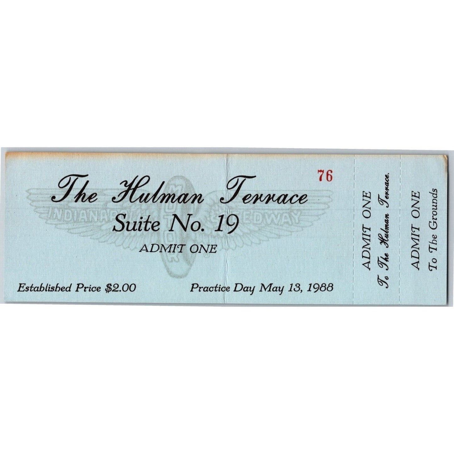1988 Indy 500 The Hulman Terrace Unused Practice Day Ticket Indianapolis IMS #76