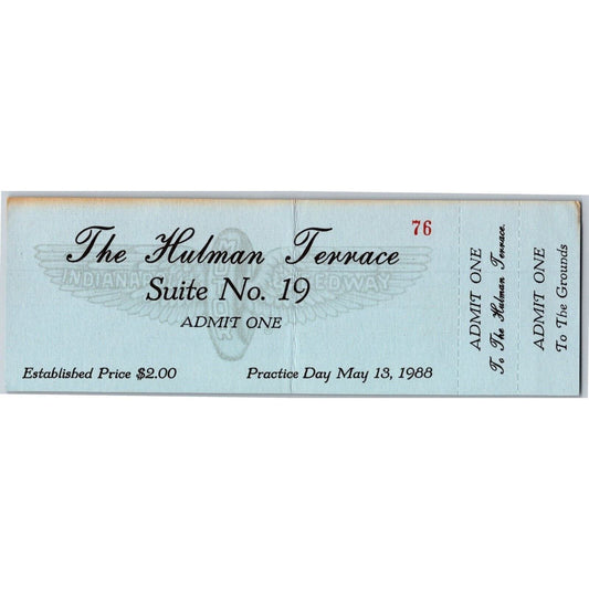 1988 Indy 500 The Hulman Terrace Unused Practice Day Ticket Indianapolis IMS #76