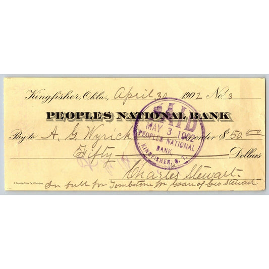 Kingfisher, Oklahoma Territorial 1902 Peoples National Bank Check for Tombstone