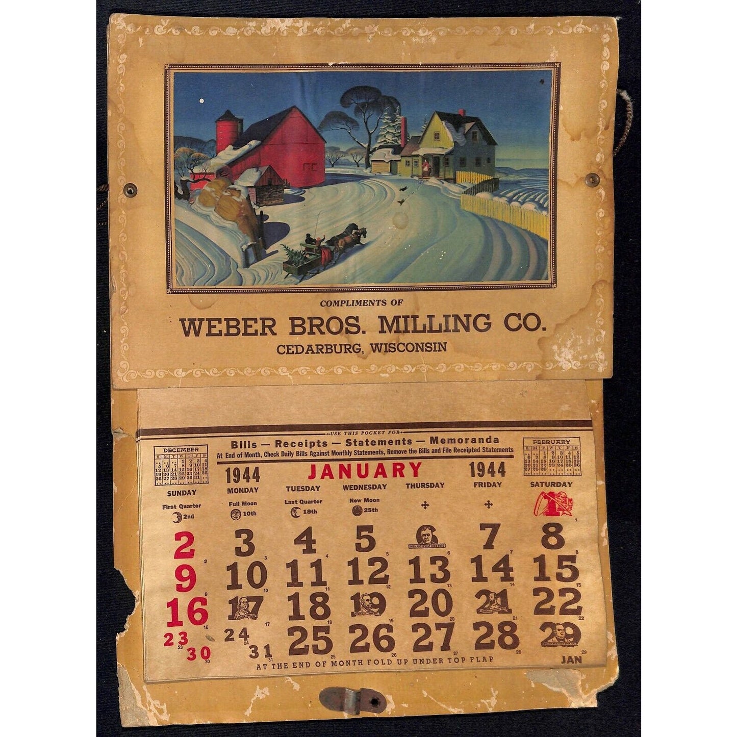 1944 Weber Bros. Milling Co. Cedarburg, Wisconsin Calendar w/ Monthly Pockets