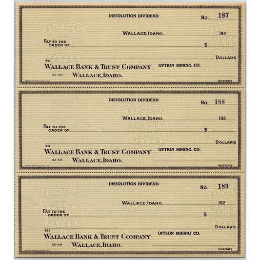 Wallace Idaho Option Mining Co. Dissolution Dividend - Bank Check Sheet 1920's