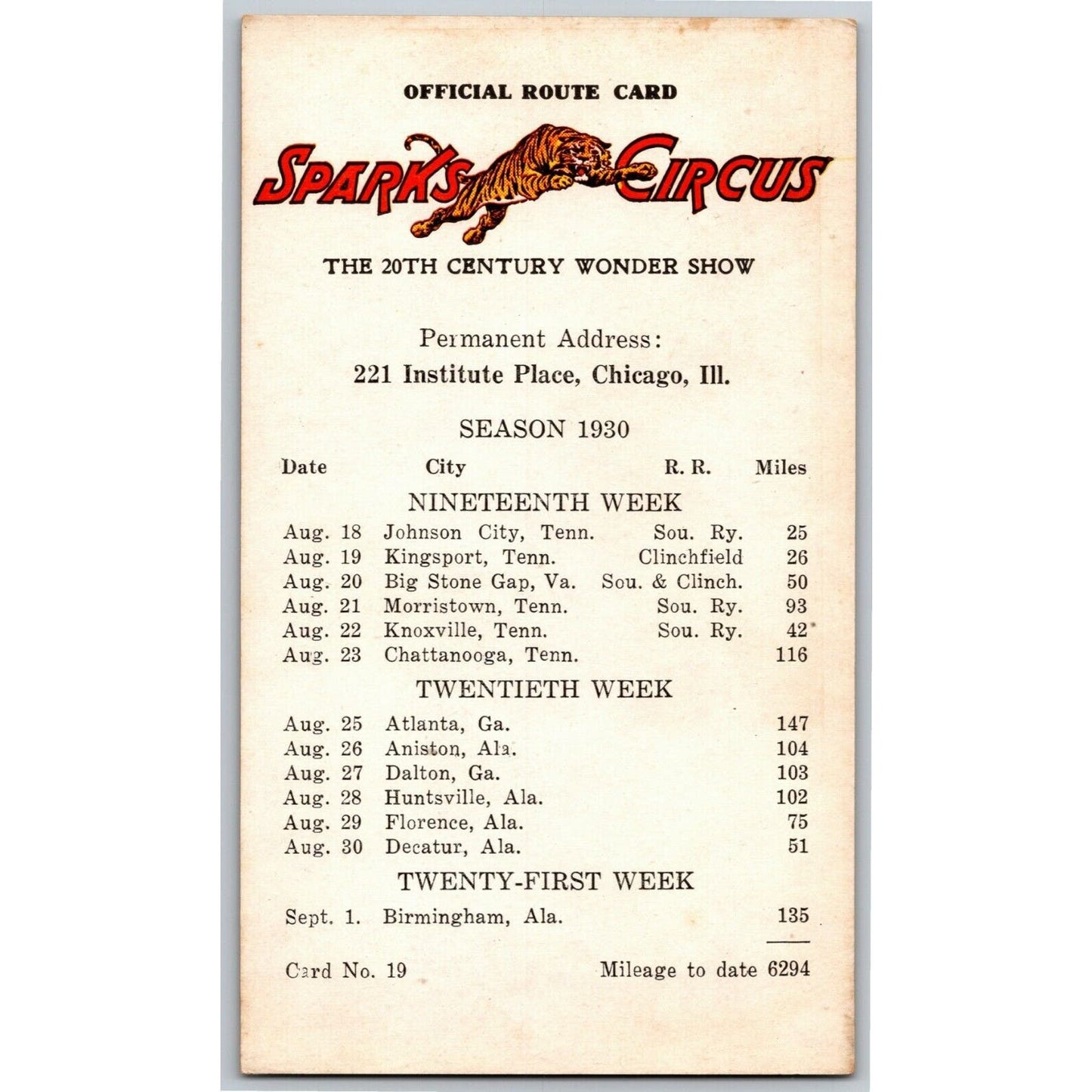 Vintage 1930 Sparks Circus Route Card Tennessee & Alabama Locations - Tiger