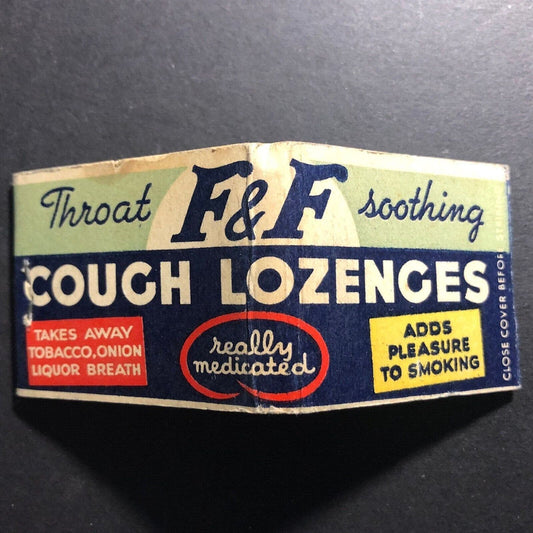 F & F Cough Lozenges Full 20-Strike Matchbook c1940's VGC Scarce Walgreens