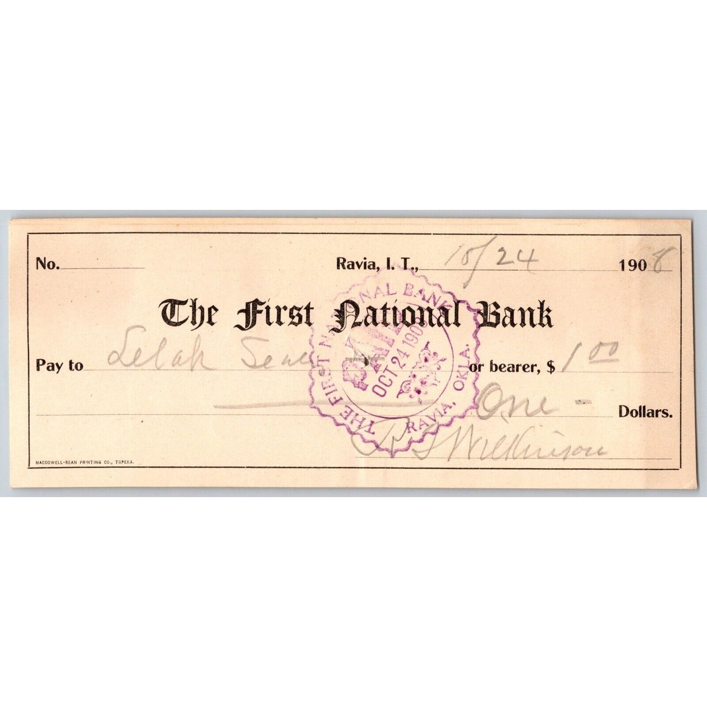 Ravia, OK 1908 Indian Territory "First National Bank" Check - Scarce