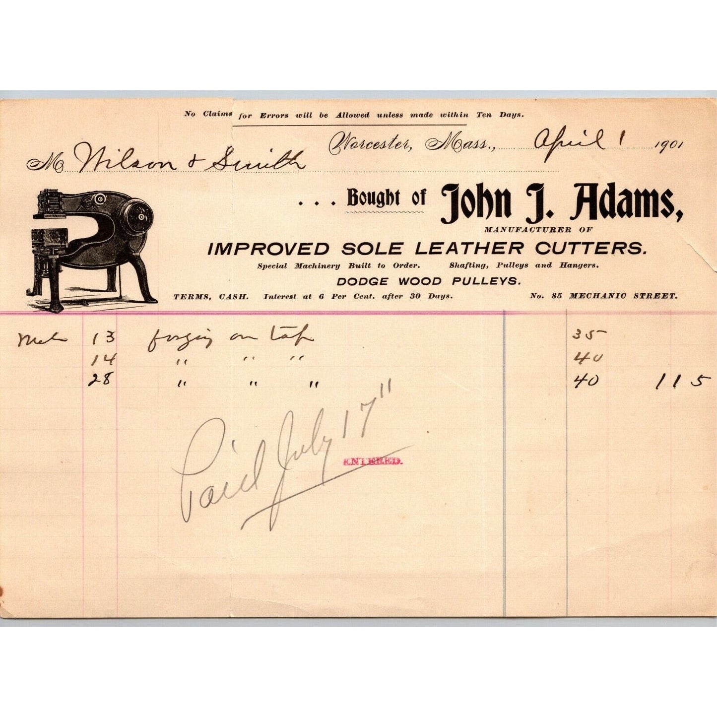 John Adams Leather Cutters Letterhead Billhead Worcester MASS re: Nelson & Smith