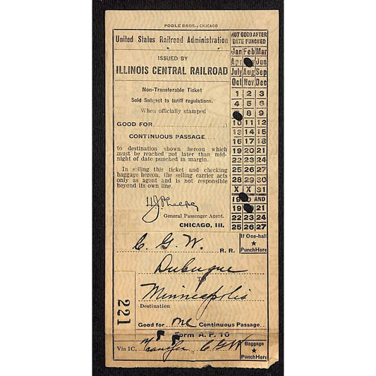 1920 Illinois Central Railroad / CGW Ticket Dubuque to Minneapolis #221