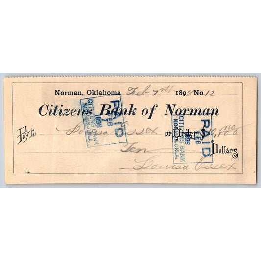 Norman, Oklahoma Territory 1898 $10 "Citizens Bank of Norman" Bank Check Scarce