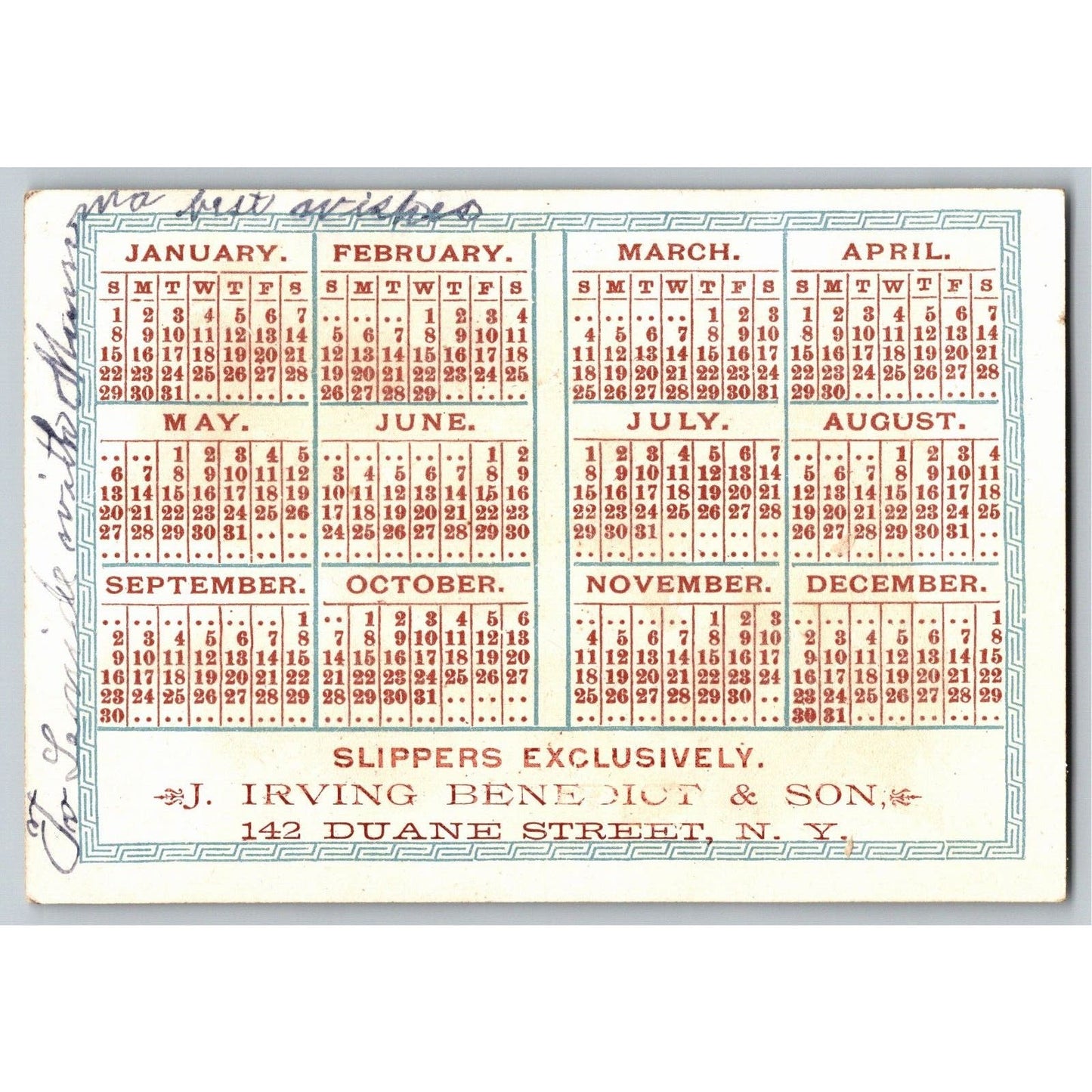 J. Irving Benedict & Sons NY Victorian Trade Card New Years Wishes 1888 Calendar
