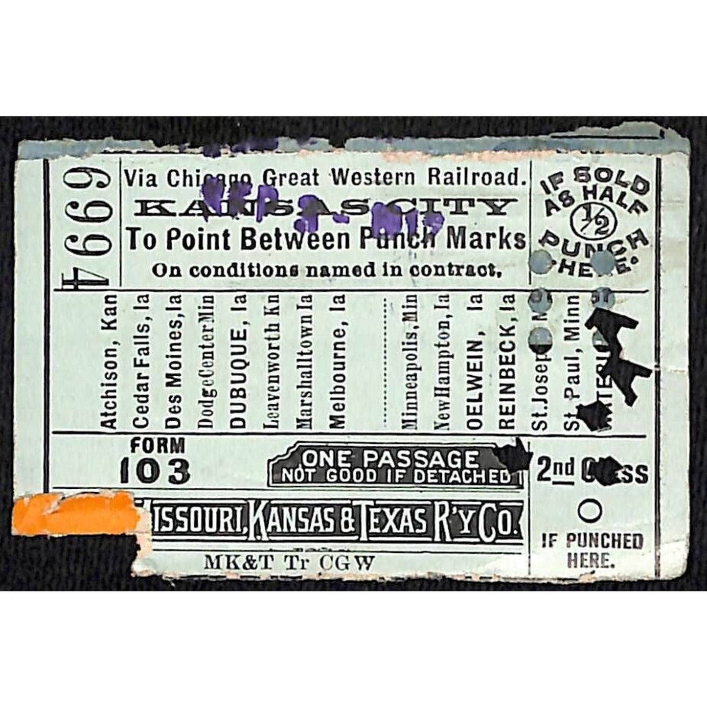 Missouri, Kansas & Texas Railway Ticket Kansas City 1912 #6994