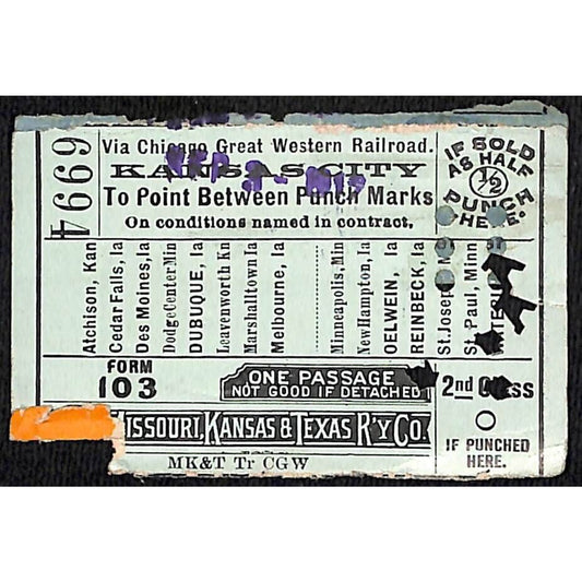 Missouri, Kansas & Texas Railway Ticket Kansas City 1912 #6994