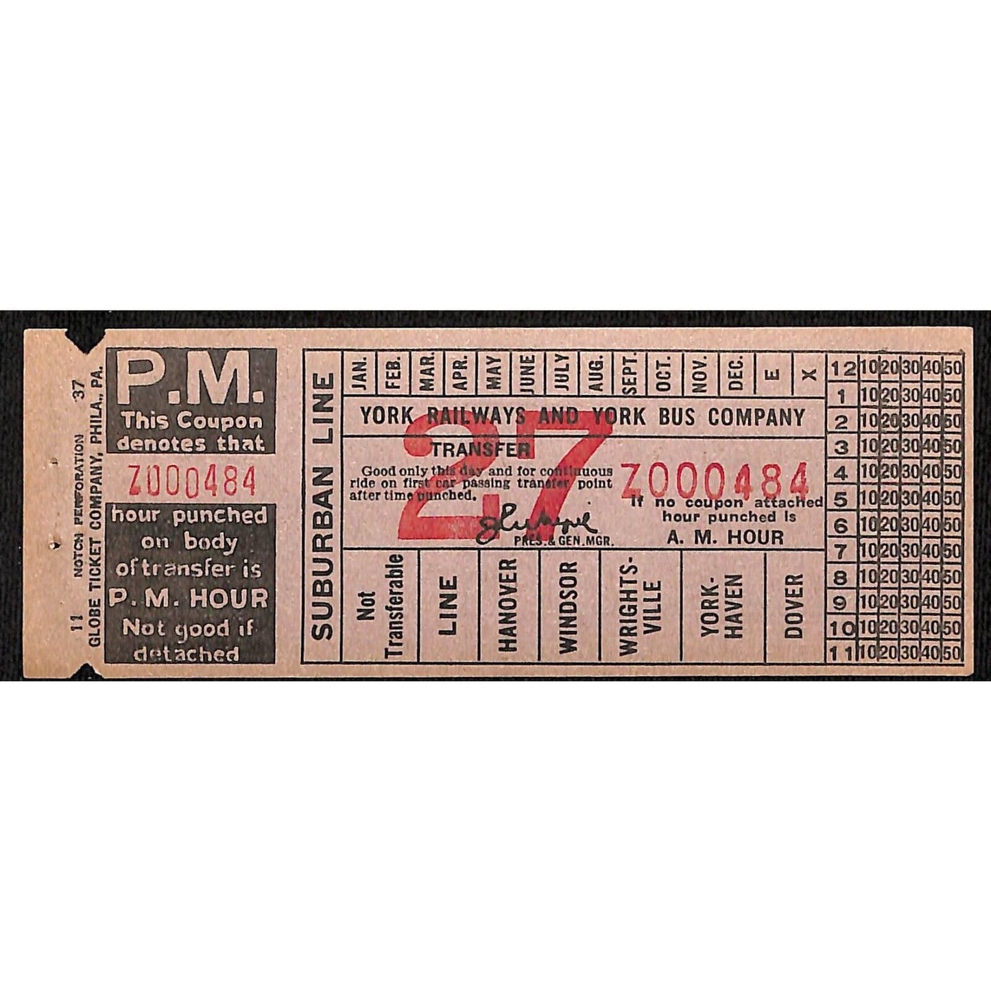 c1929-37 York Railways and York Bus Company Unused Transfer Ticket #7000484 VGC