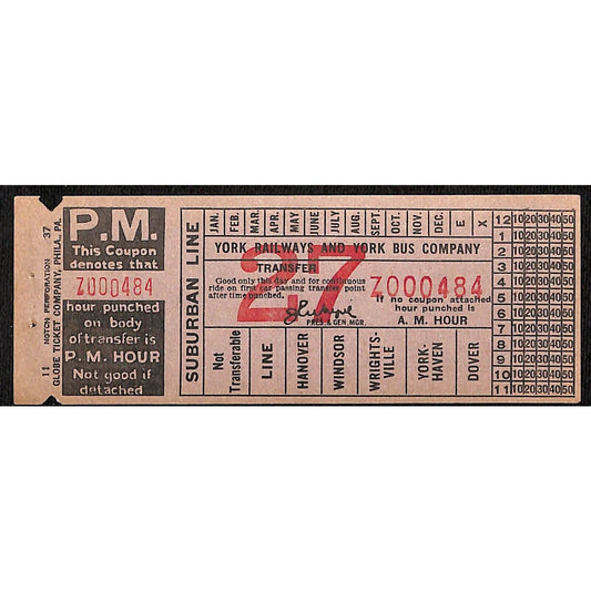 c1929-37 York Railways and York Bus Company Unused Transfer Ticket #7000484 VGC