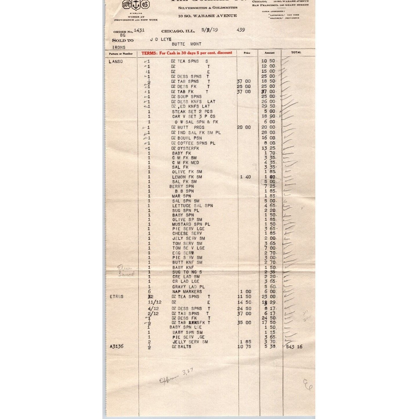 Gorham Co Silversmiths to "Leys" Jewelers Butte, MT 1919 Billhead Very Long List