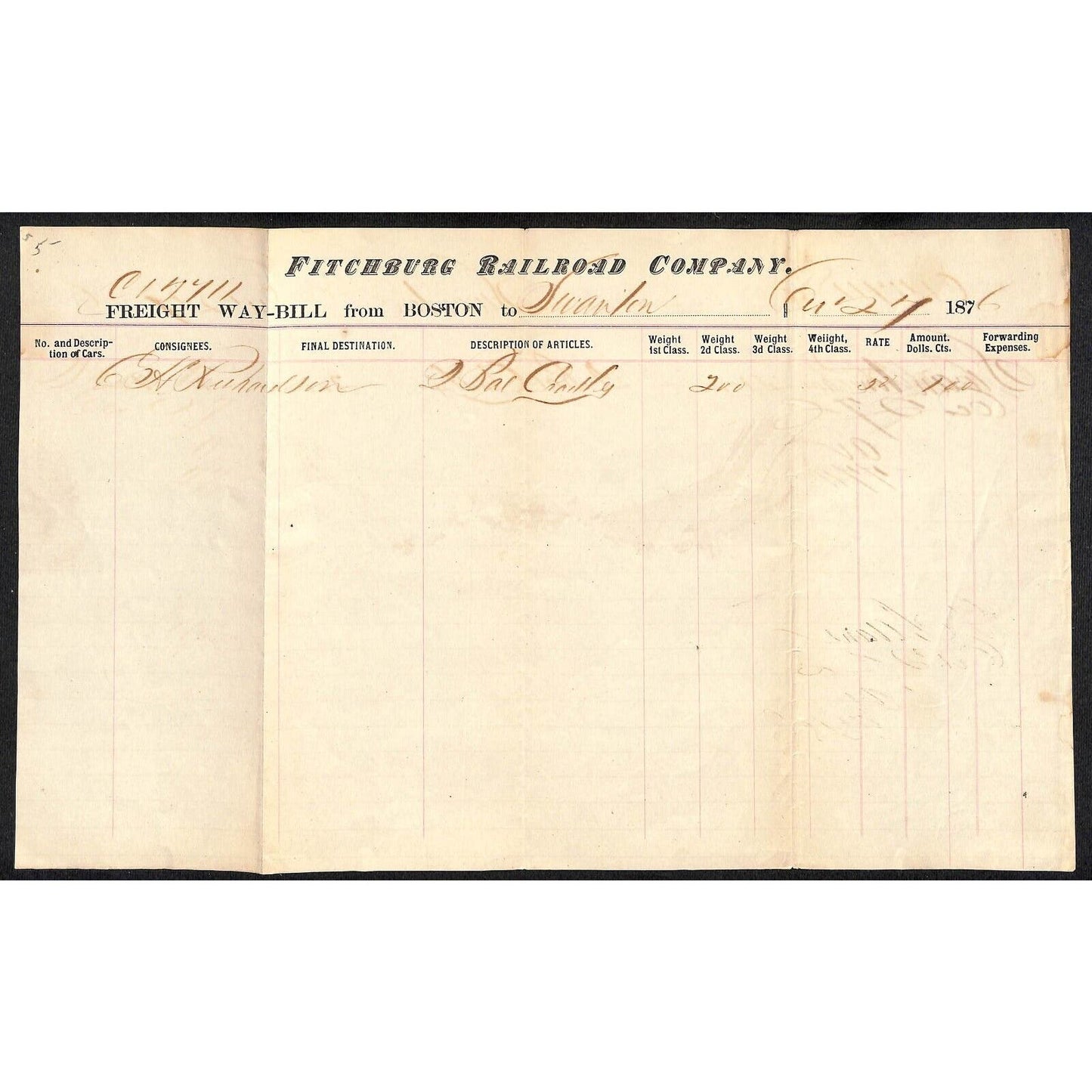 Fitchburg Railroad Co. 1876 Freight Way-Bill from Boston for 200lbs Bar? Bale?