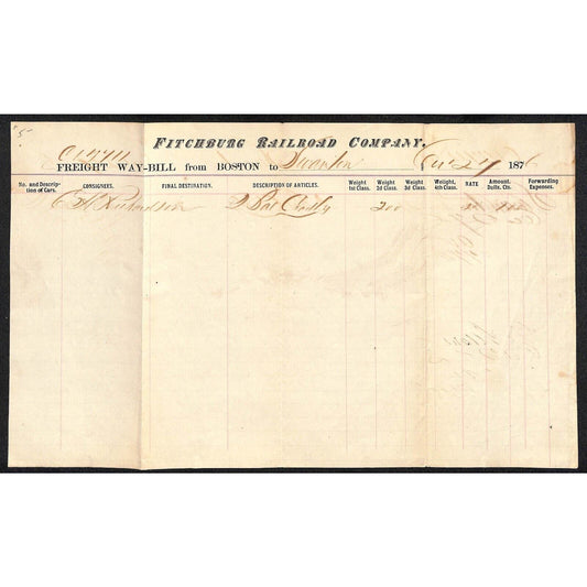 Fitchburg Railroad Co. 1876 Freight Way-Bill from Boston for 200lbs Bar? Bale?