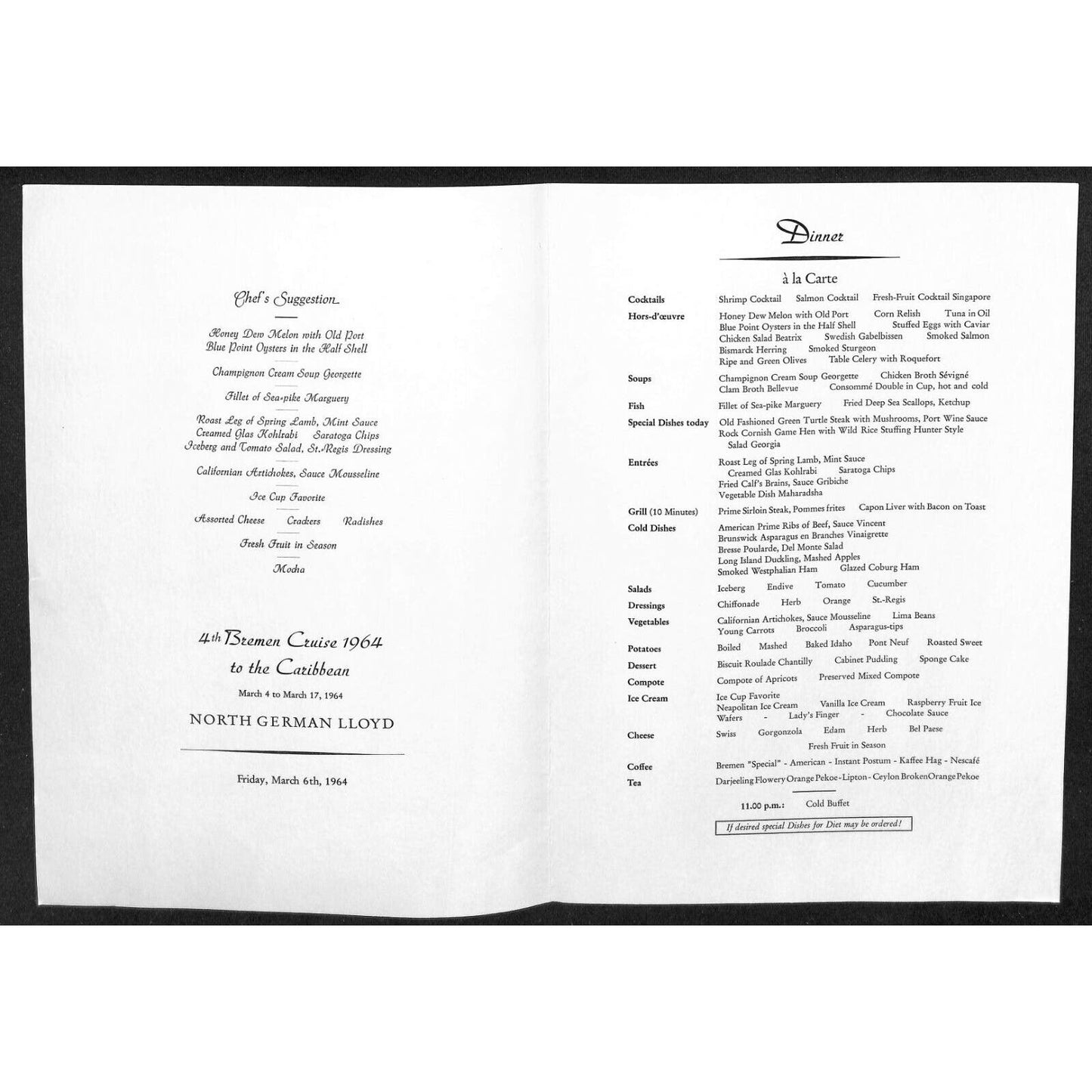 1964 North German Lloyd Bremen Cruise Line Dinner Menu Mar 17