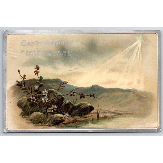 Easter Postcard "Easter Greetings" Star w/ Light Beaming Down Emb Silver PM 1910