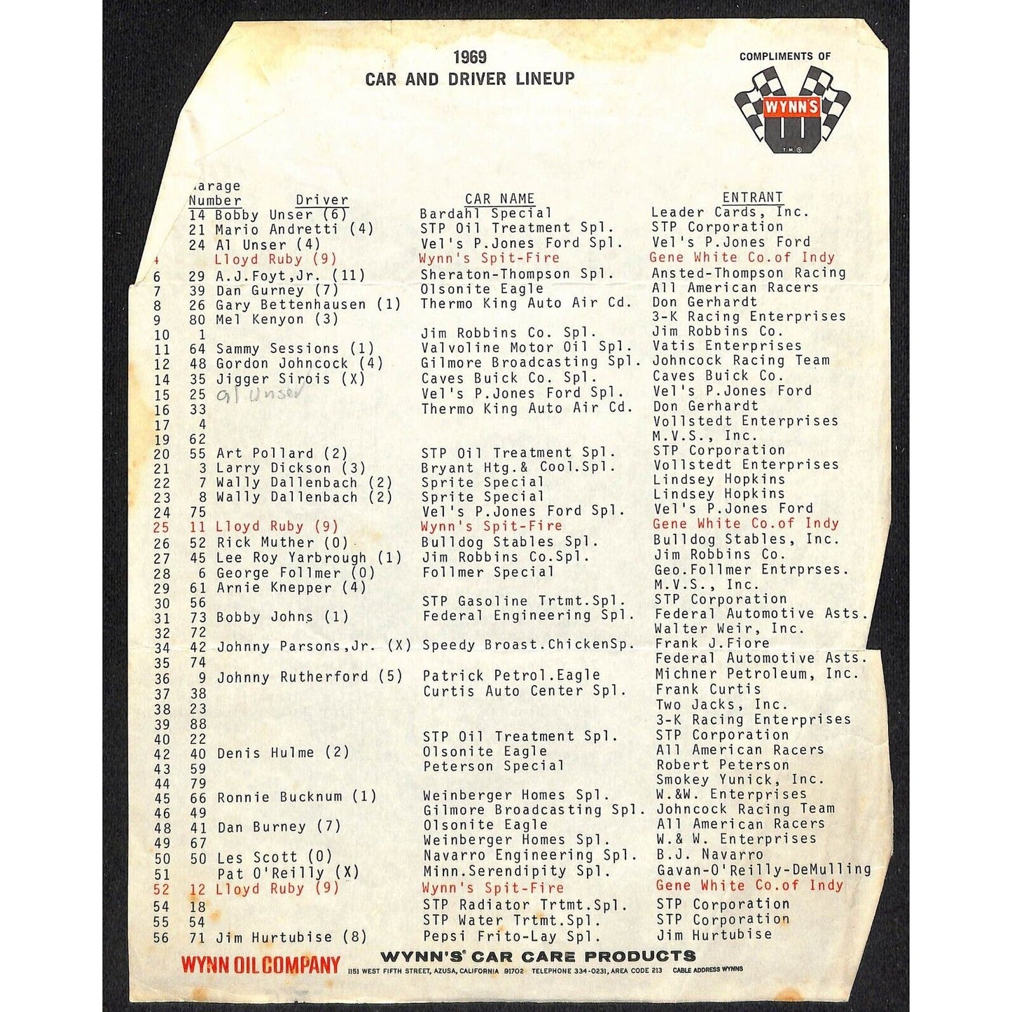 1969 Indy 500 Indianapolis Motor Speedway Wynn Oil Car and Driver Lineup Sheet