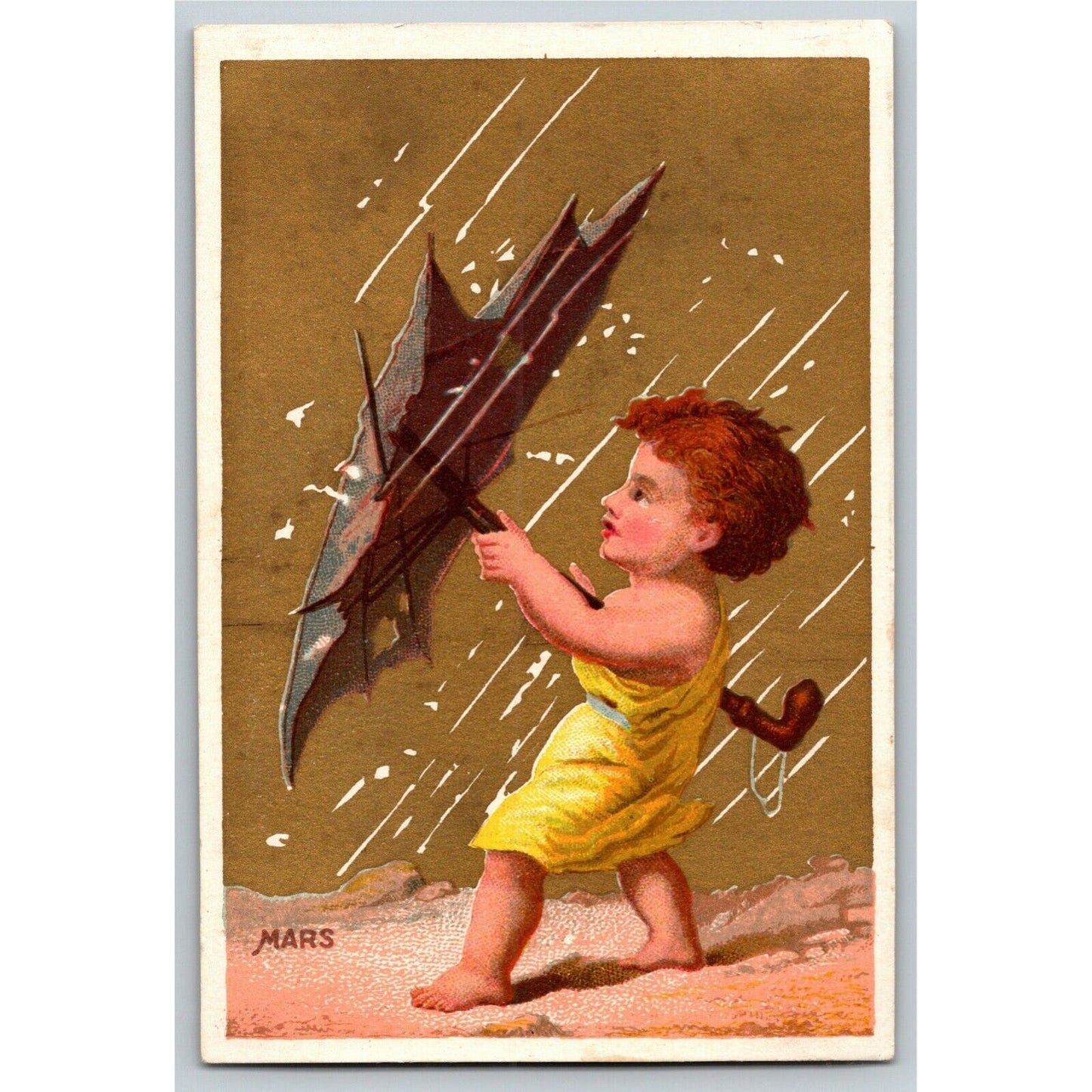 Gilt "Mars" Child Wind Rain Umbrella (Soapine) Unmarked Victorian Trade Card