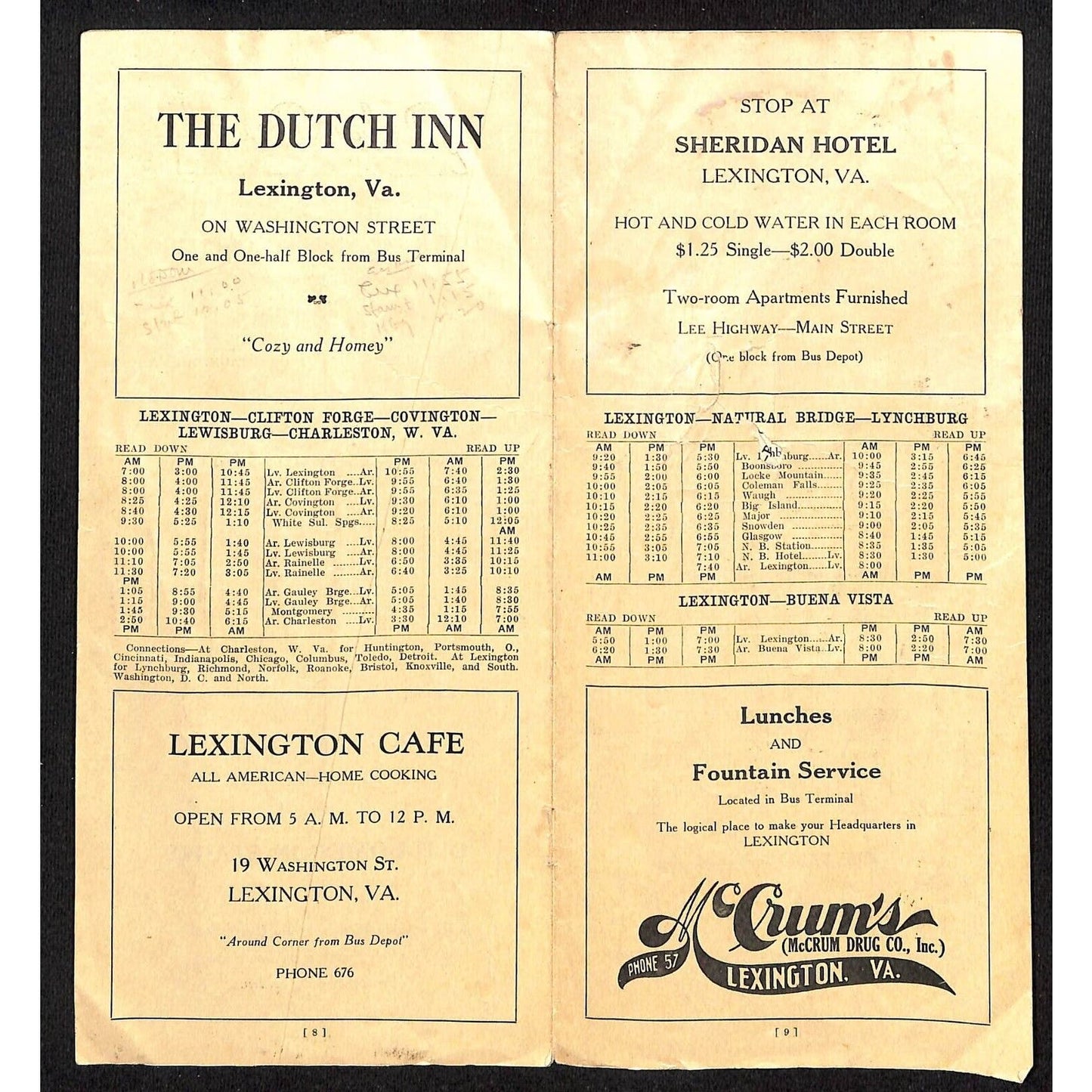 1931 Consolidated Bus Schedules Shenandoah Valley Natural Bridge, VA Scarce 11pp