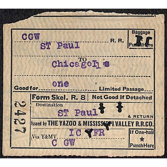 Yazoo & Mississippi Valley Railroad Ticket 1923 Chicago St. Paul #2427