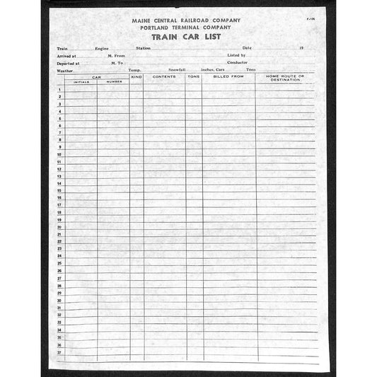 Maine Central Central Railroad Portland Unused Train Car List Form Sheet