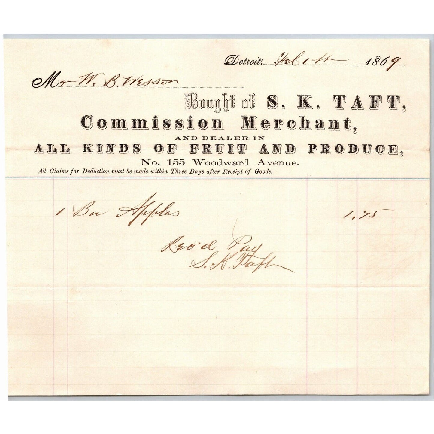 Detroit Letterhead S. K. Taft "All Kinds of Fruit and Produce" Merchant 1869