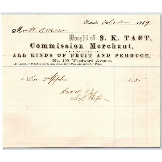 Detroit Letterhead S. K. Taft "All Kinds of Fruit and Produce" Merchant 1869