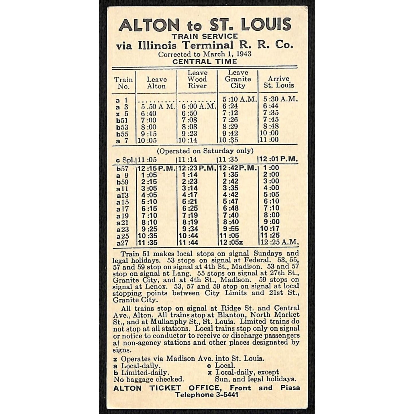 Illinois Terminal Railroad Co. 3/1 1943 Train Schedule Card Alton St. Louis VGC