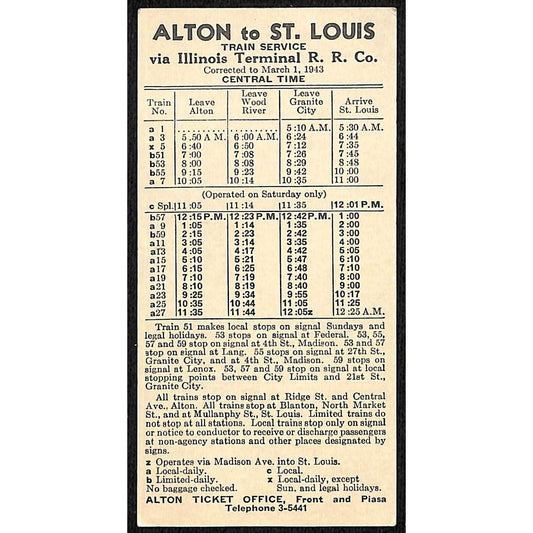 Illinois Terminal Railroad Co. 3/1 1943 Train Schedule Card Alton St. Louis VGC