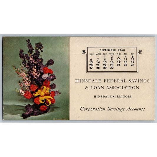 Hinsdale Federal Savings & Loan Sept Calendar Ink Blotter Illinois Floral Vase
