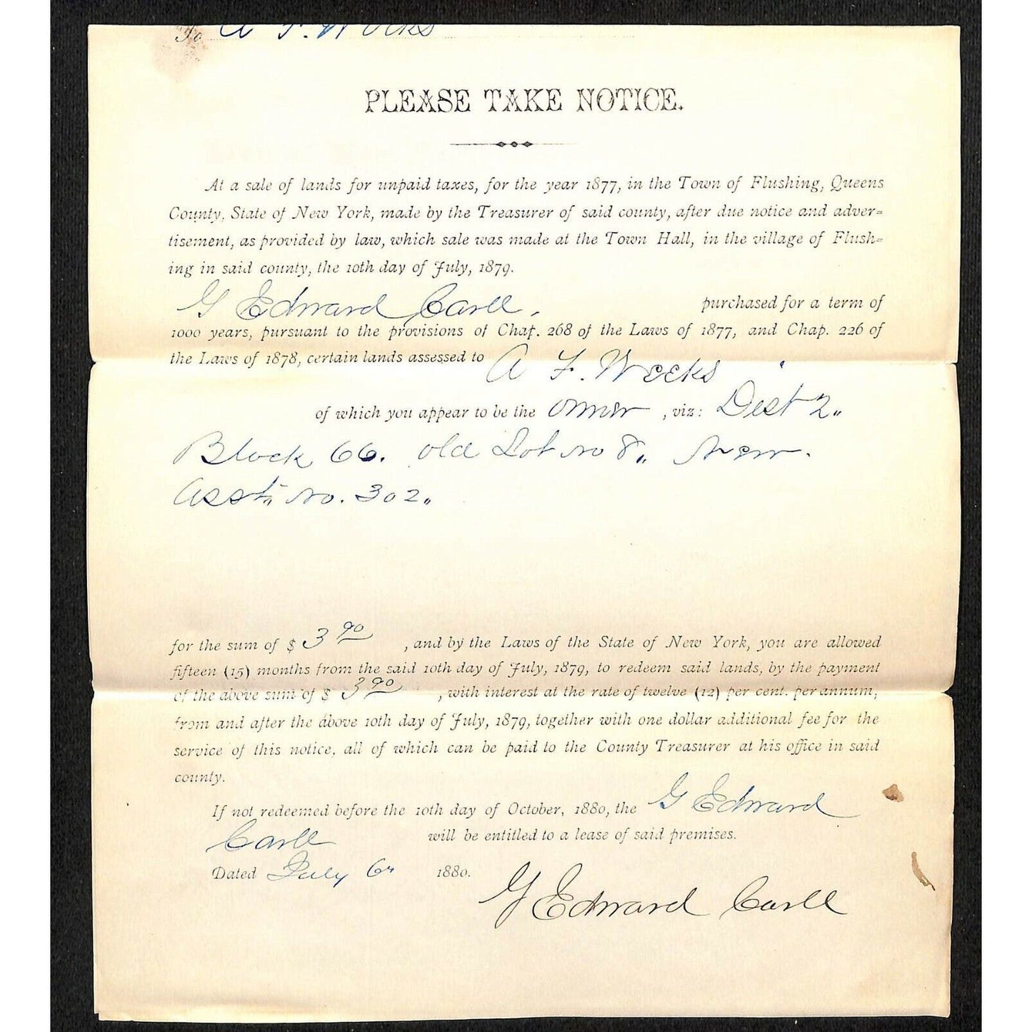 1877 Flushing Queens Unpaid Tax Real Estate Sale 2pp Legal Document Letterhead