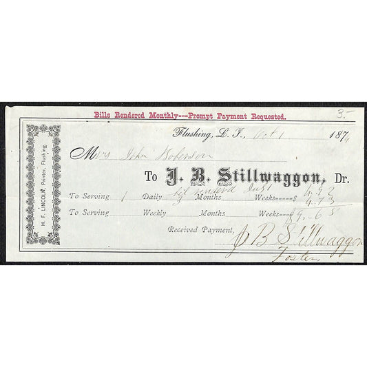 Flushing, L.I. NY 1874 J.B. Stillwaggon Rent? Payment Receipt / Billhead