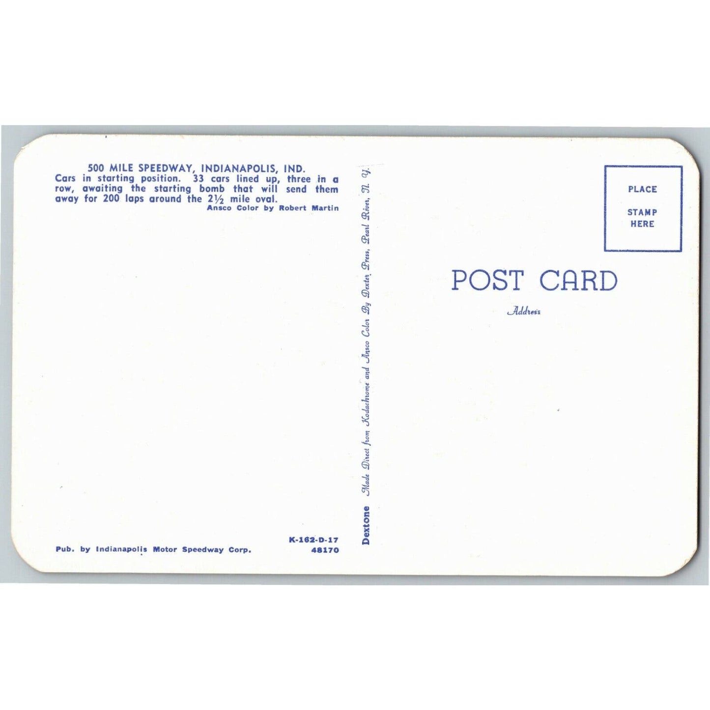 Indy 500 Postcard 1950 "Cars in Starting Position" Unposted VGC Rounded Edges
