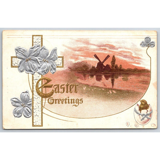 Easter Postcard "Easter Greetings" Cross Egg Windmill Silver Gilt Emb. PM c1915