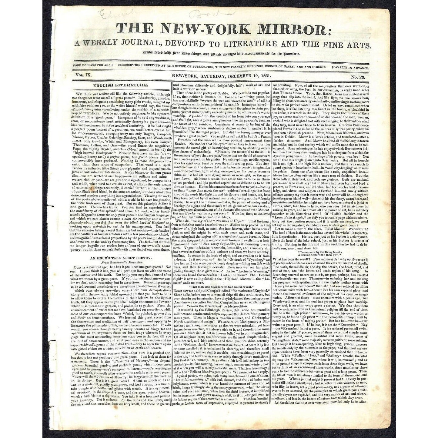 New-York Mirror Weekly Journal Literature Fine Arts Newspaper 12/10/31 8pp