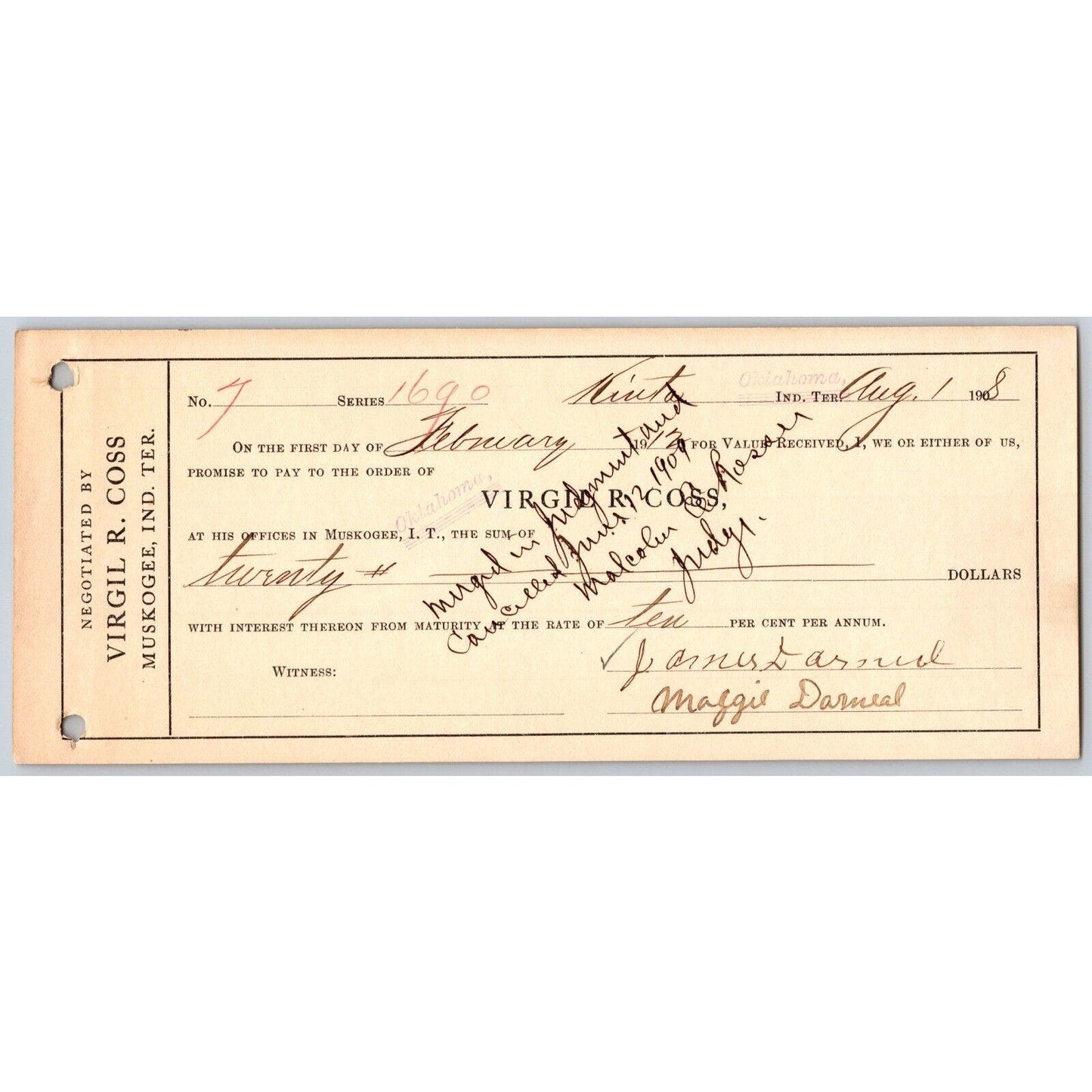 Kinta / Muskogee Oklahoma 1908 Virgil R Cross Indian Territory Promissory Note