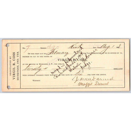 Kinta / Muskogee Oklahoma 1908 Virgil R Cross Indian Territory Promissory Note