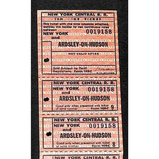 New York Central R.R. Ardsley-On-Hudson 10-Ride NOS SAMPLE Ticket Strip c1945-55