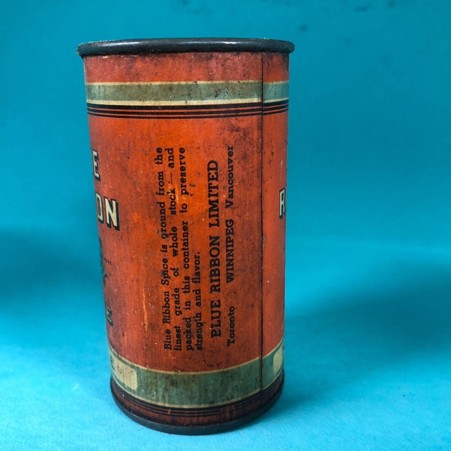 Blue Ribbon Mace Tin Canadian 3"h Fiber Body c1920's-30's Scarce