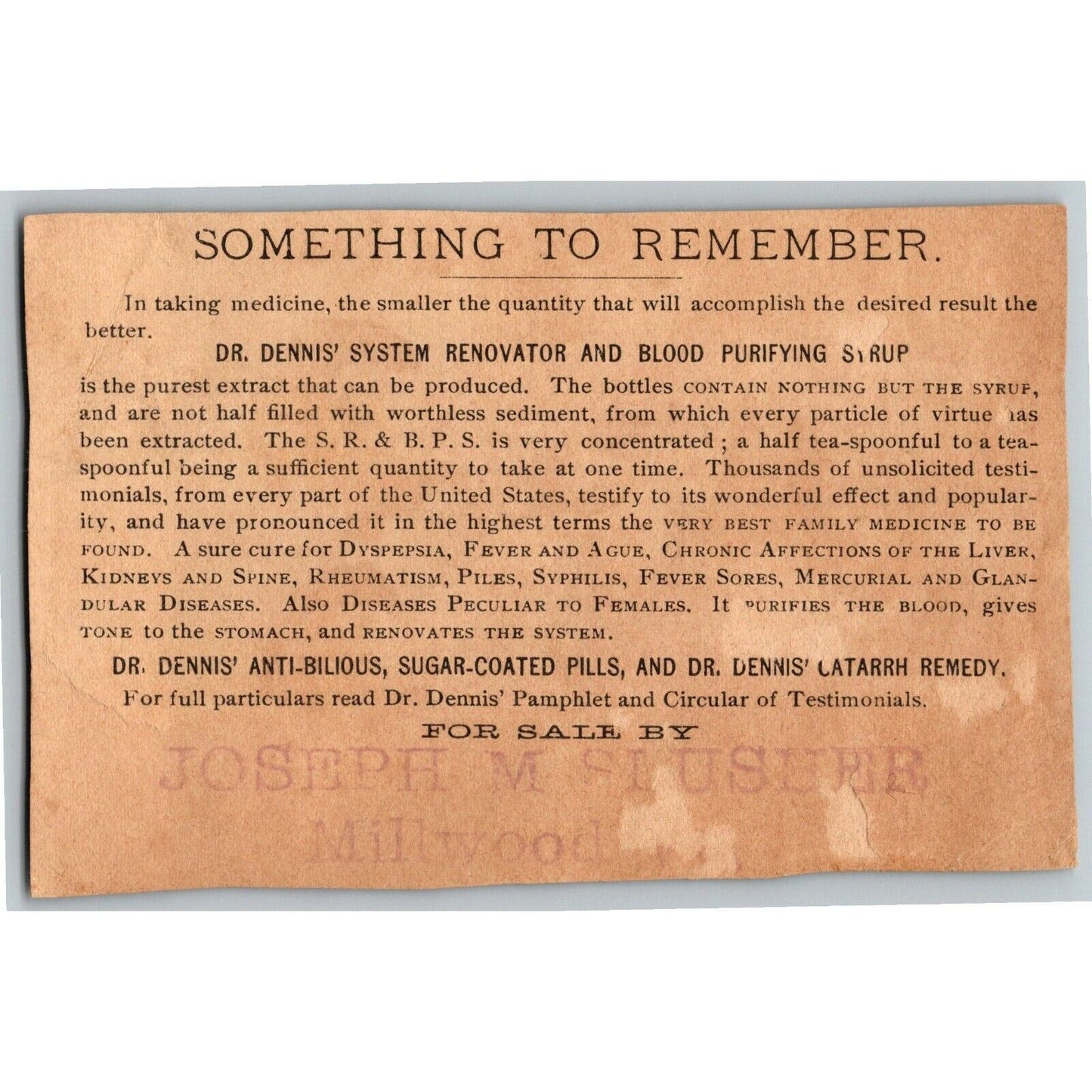Dr. Dennis System Syrup - Joseph M. Slusher Millwood, VA Victorian Trade Card