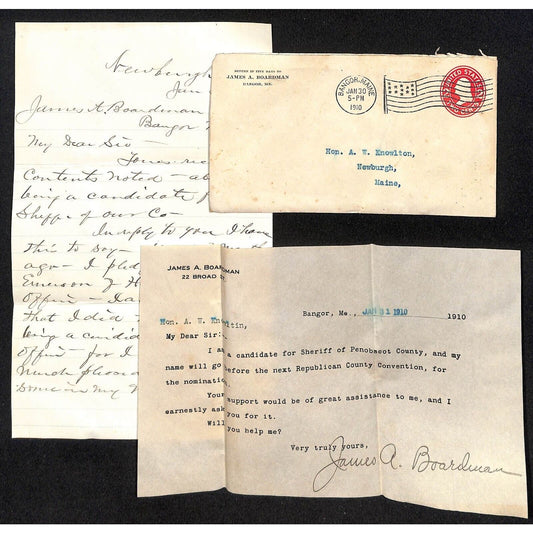 Newburgh, ME Amos W. Knowlton* 1910 Support for Sherriff Candidate & ALS Reply