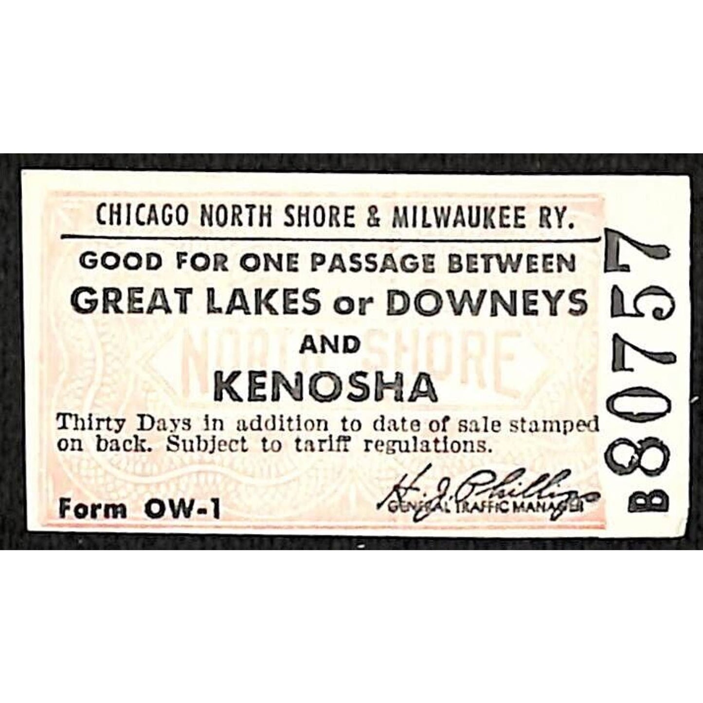 Chicago North Shore & Milwaukee RY Ticket c1947-50's Kenosha #80757