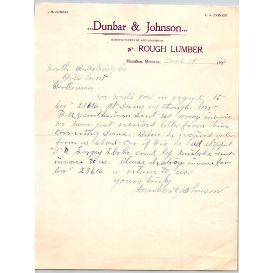 Hamilton, MT Dunbar & Johnson Rough Lumber 1906 Letterhead re: Invoices
