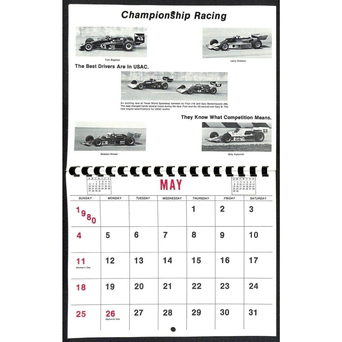 1980 USAC United States Auto Club Calendar - Unused VGC