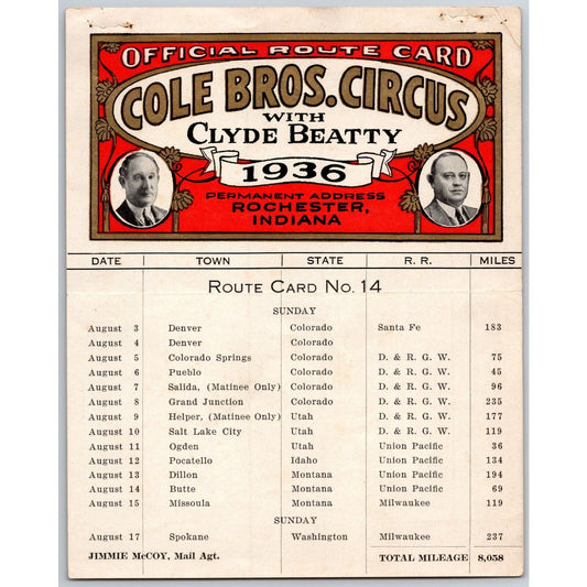 1936 Cole Bros with Clyde Beatty Circus Route Card CO UT ID NE WA