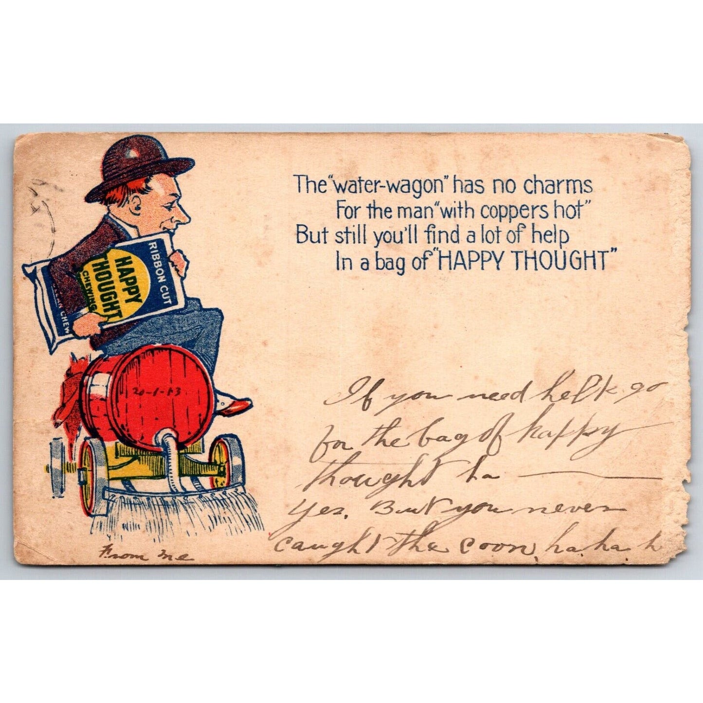Happy Though Chewing Tobacco Funny Advertising Postcard PM 1910 c1907 Scarce