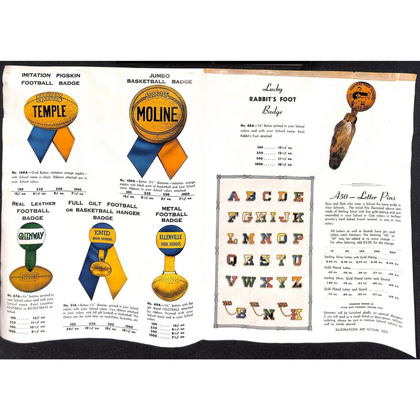 1953-54 Philadelphia Badge Co. School Sports Pennant Button Ribbon Flyer Sheet